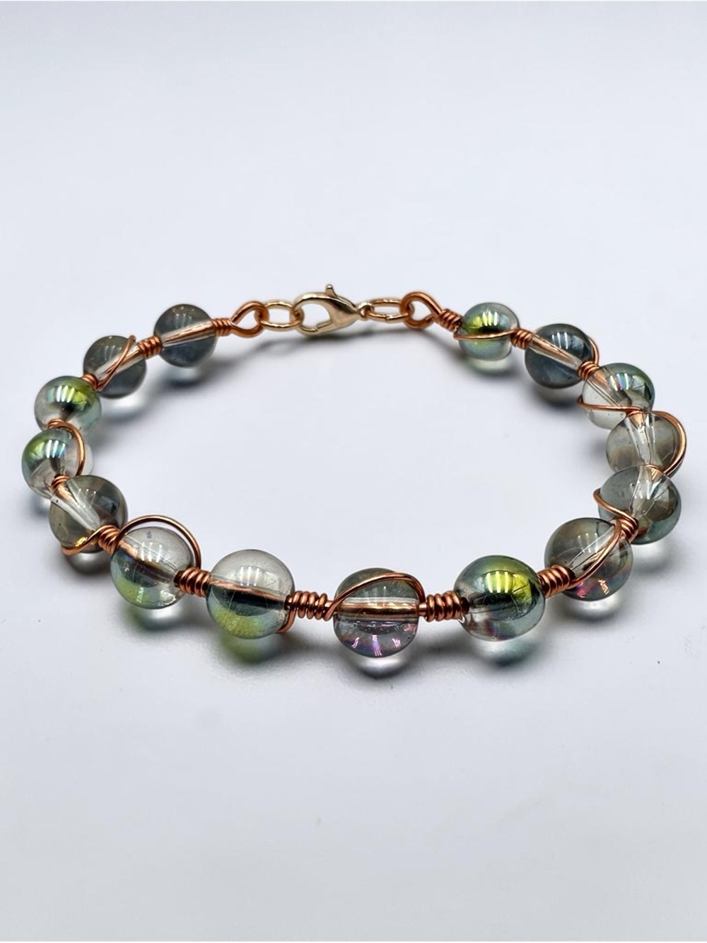 Iridescent Crystal Beaded Bracelet with Copper Wire Wrap – Handmade Jewelry